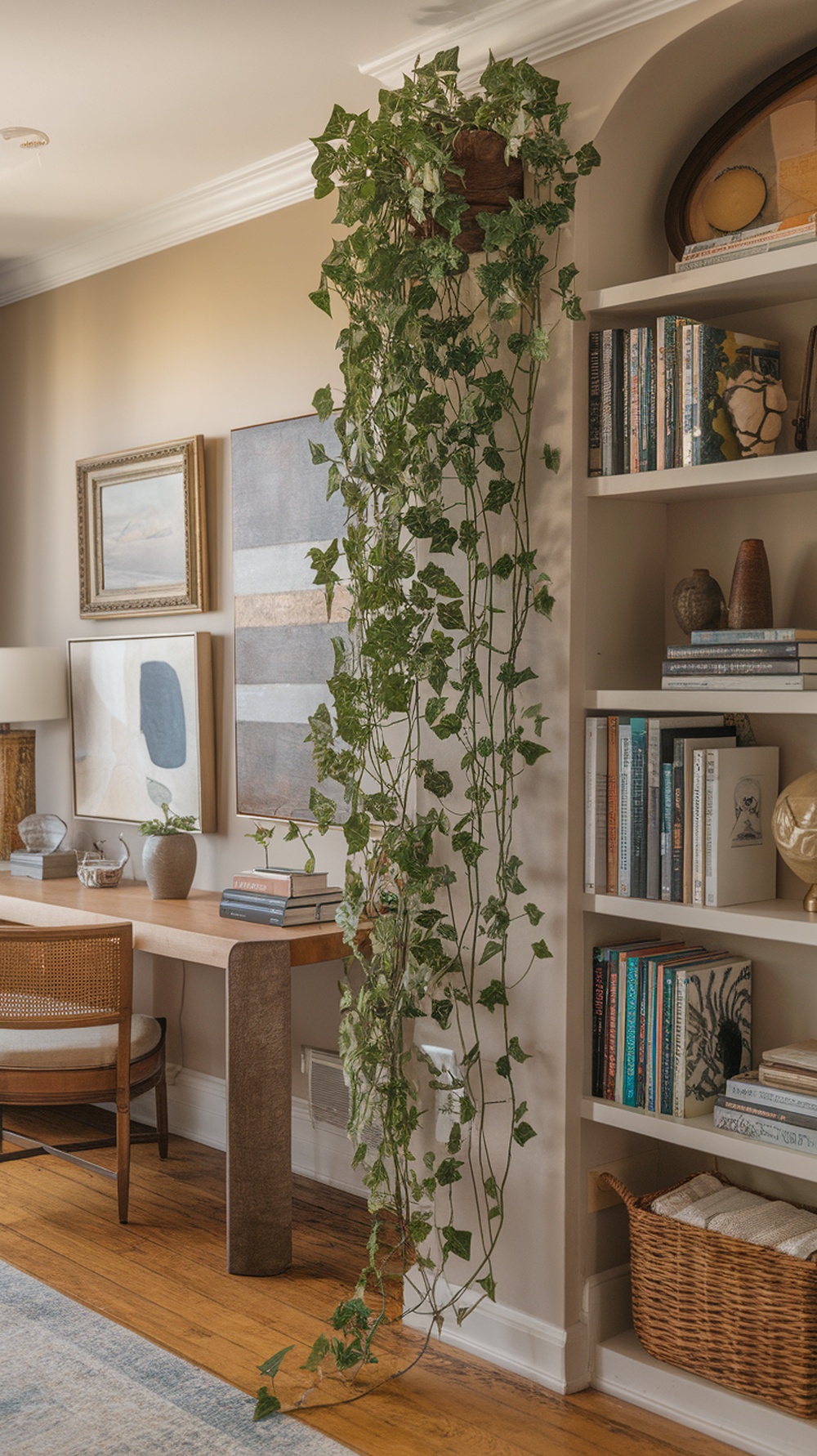 A vibrant English Ivy plant cascading down from a shelf, enhancing the aesthetic of a home office.