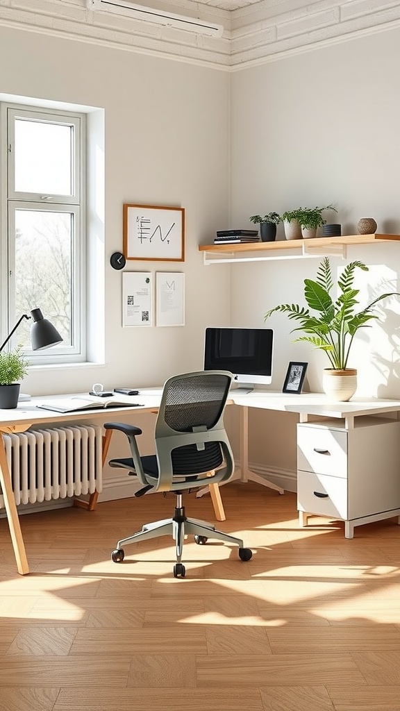 A home office featuring ergonomic chairs and a wooden desk in a modern Scandinavian interior.