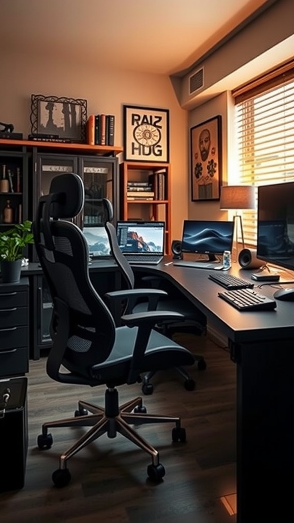 A modern home office with ergonomic seating and dual monitors.