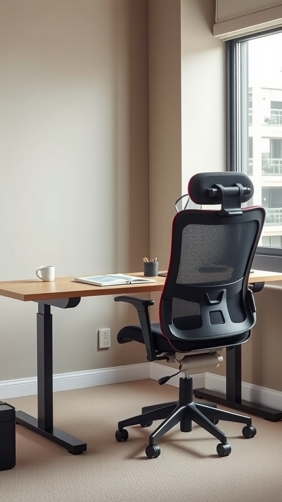 A modern ergonomic workstation with a stylish chair and spacious desk by a window