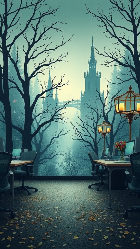 Ethereal office setting with a magical tree background and a castle.