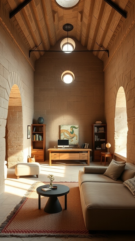 Interior of a modern home office inspired by Ethiopian Rock-Hewn Churches, featuring stone walls, natural light, and wooden furniture.