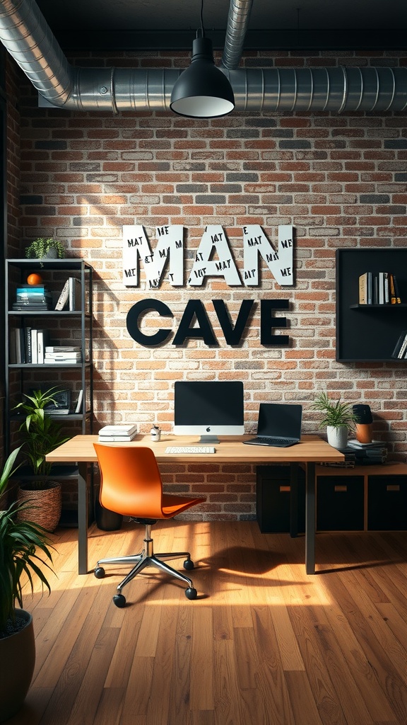 A stylish man cave office featuring an exposed brick wall with the words 'MAN CAVE' and modern furniture.