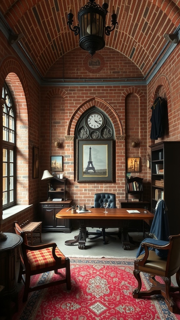 A home office featuring exposed brick walls, a wooden desk, and gothic-style decor.