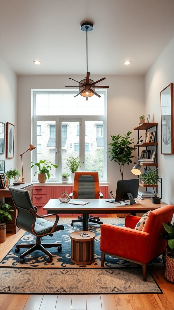 A modern home office featuring a desk, comfortable chairs, and plants, designed to be family-friendly.