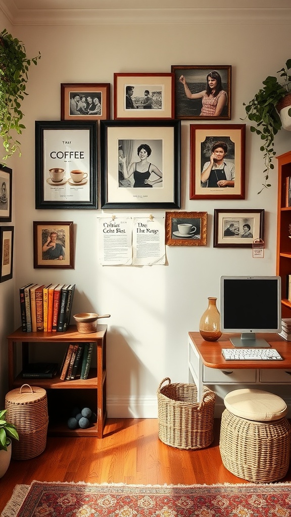 A cozy coffee corner with family photos and a small coffee station.