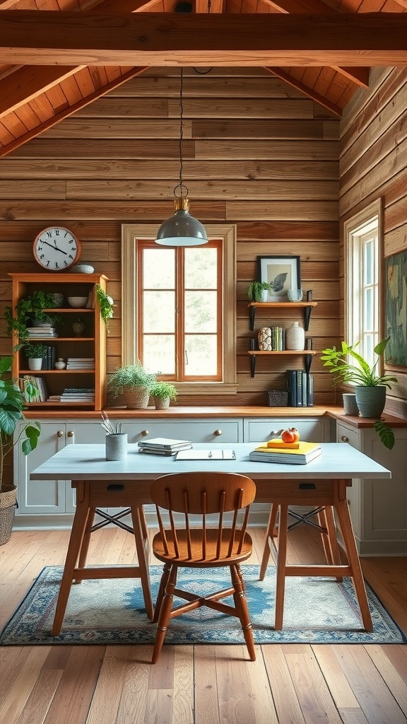 A cozy farmhouse style office with wooden walls, a light desk, and plants.