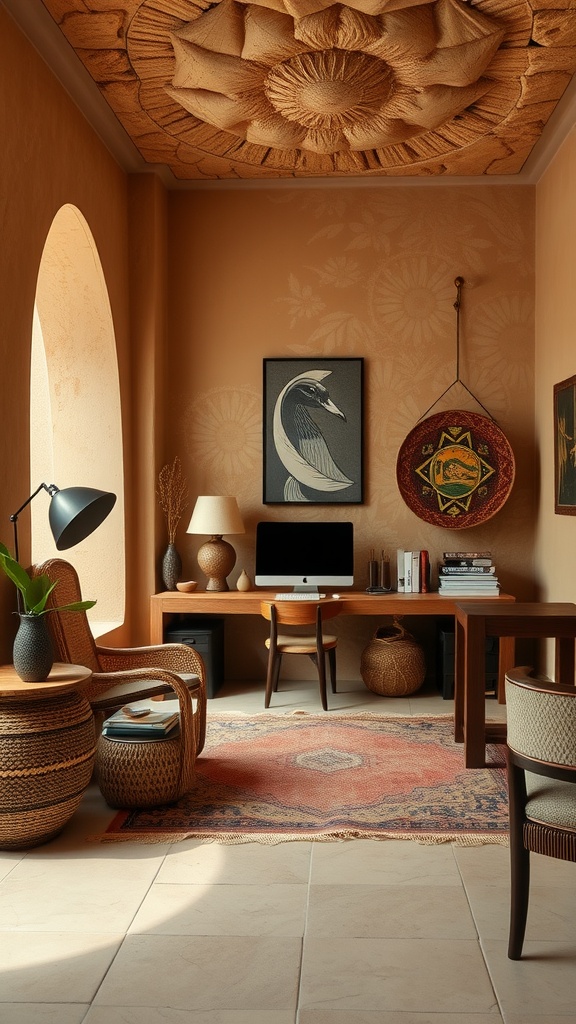 A cozy home office featuring a warm color palette, rustic furniture, and intricate ceiling designs inspired by Fellah houses of Egypt.