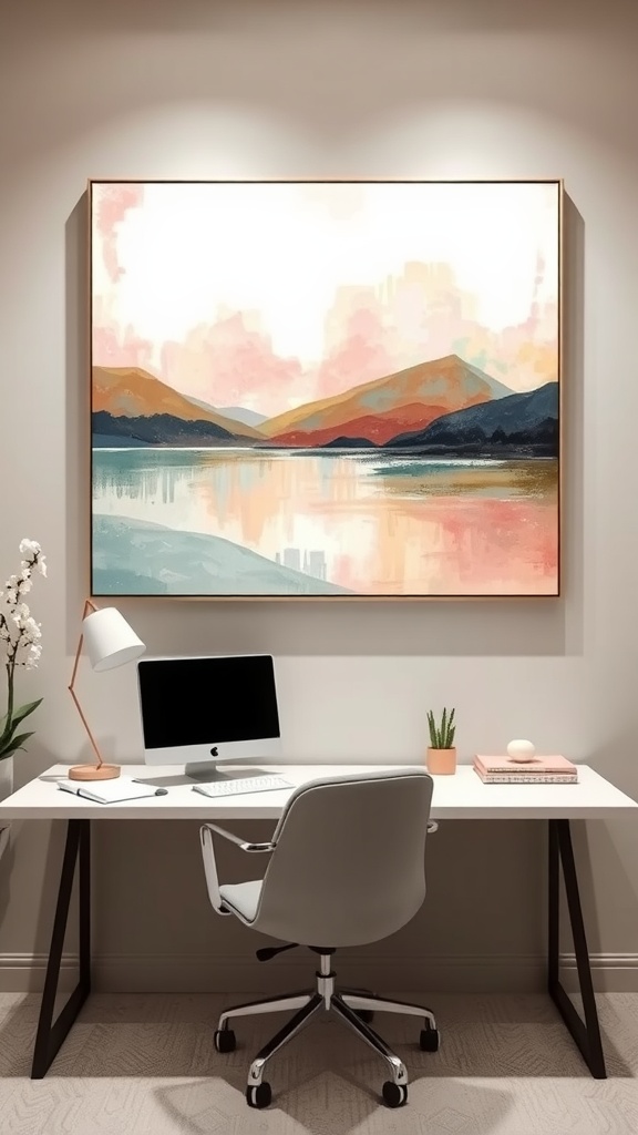 A classy home office with a beautiful abstract landscape painting, showcasing rolling hills and soft colors.