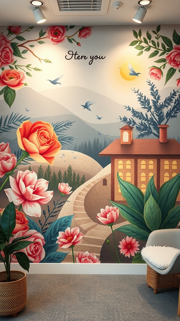A mural featuring roses, a serene landscape, and a cozy house, creating a warm and inspiring atmosphere for a feminine home office.