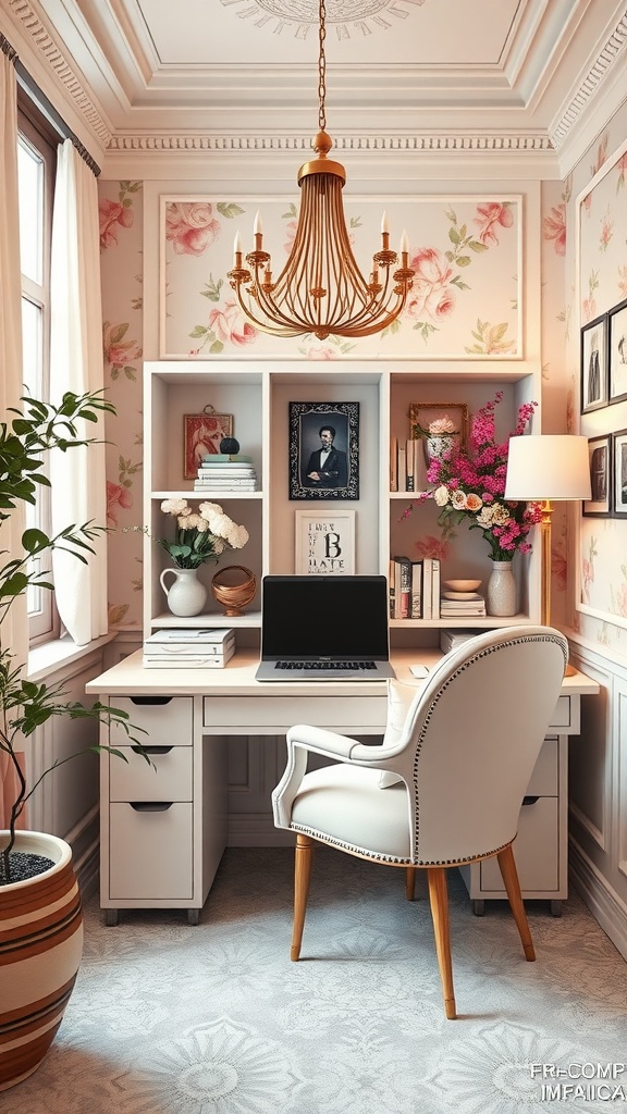 Elegant feminine home office with floral accents, featuring a white desk, stylish chair, and chandelier.