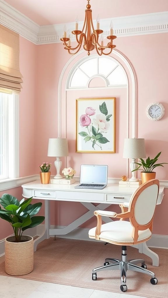 A feminine home office featuring pastel colors and floral decor with a desk and two chairs.