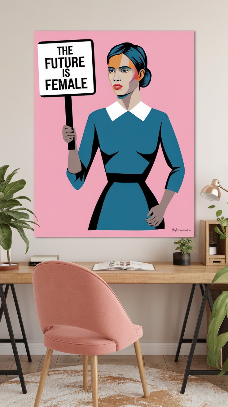 Stylish home office with minimalist text art highlighting themes of empowerment