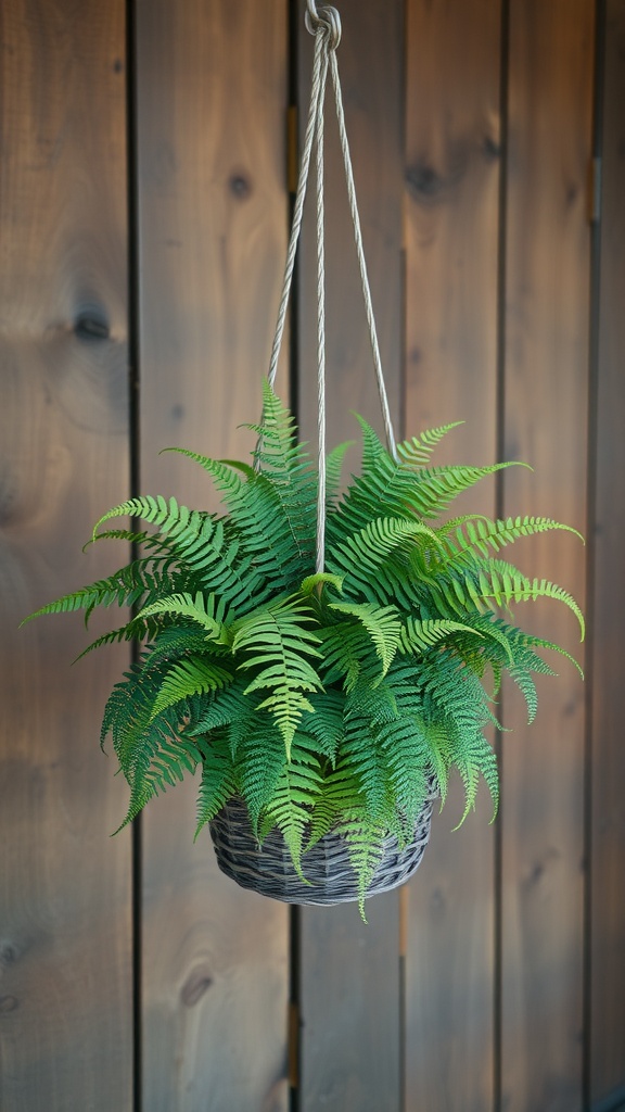 A lush green fern arranged in a hanging basket against a wooden background.