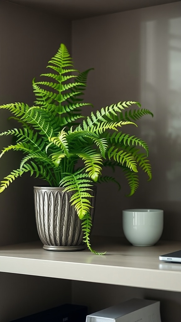 A vibrant fern plant in a decorative pot, sitting on a shelf next to a small cup.