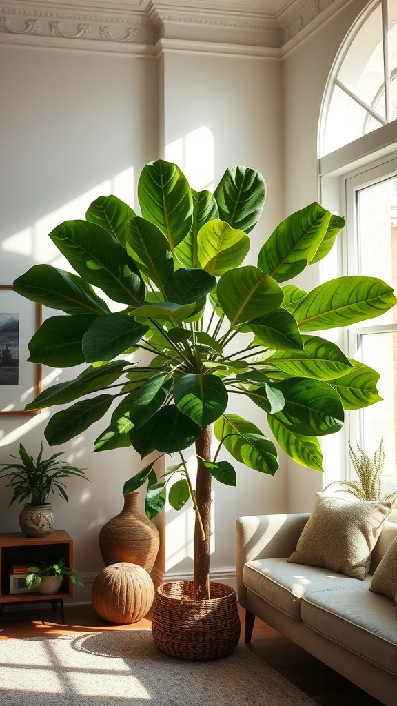A Fiddle Leaf Fig as a statement piece in a cozy living room with natural light.