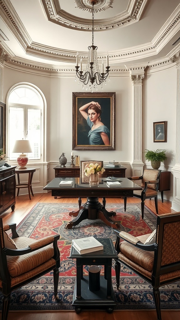 A luxurious home office featuring Roman architectural elements and fine craftsmanship in furniture.