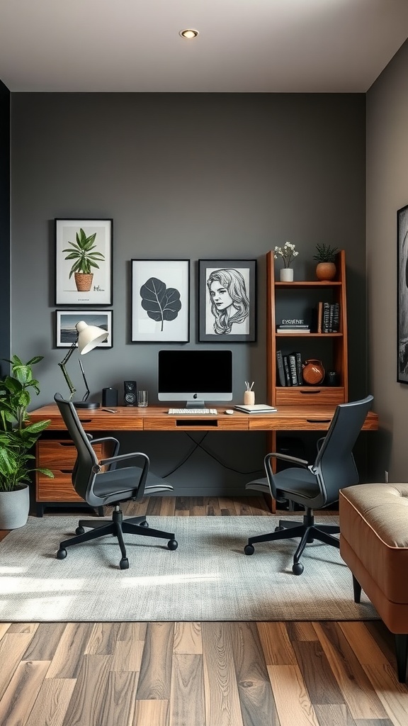 A stylish and functional male home office featuring warm wood furniture, a large window, and a potted plant.
