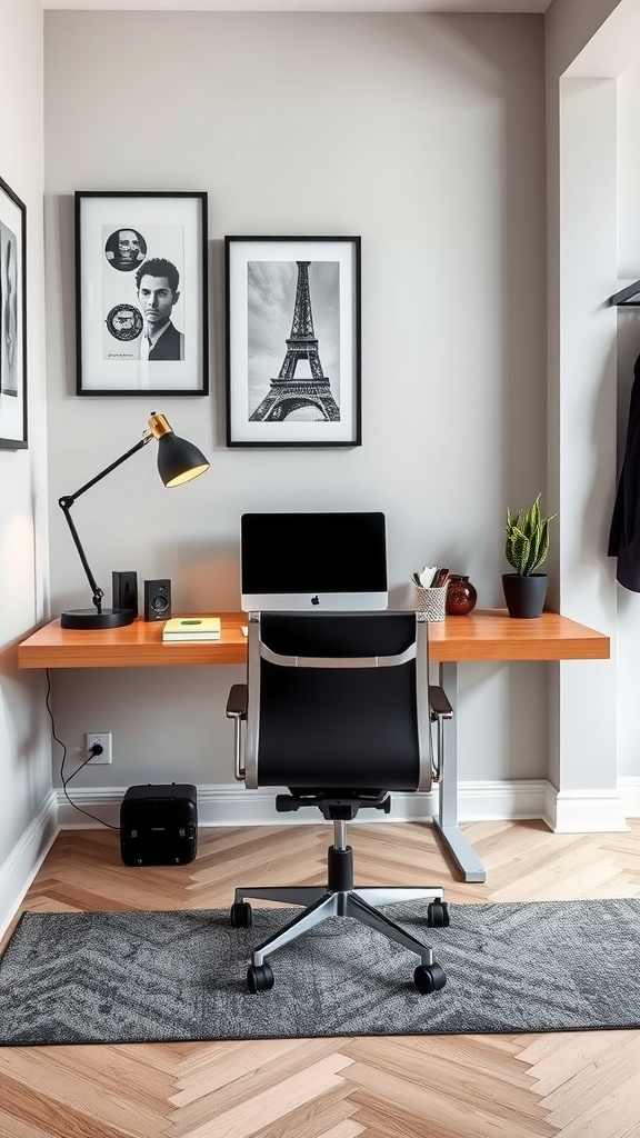 A modern floating desk design in a small home office with two chairs, framed pictures, and a plant.