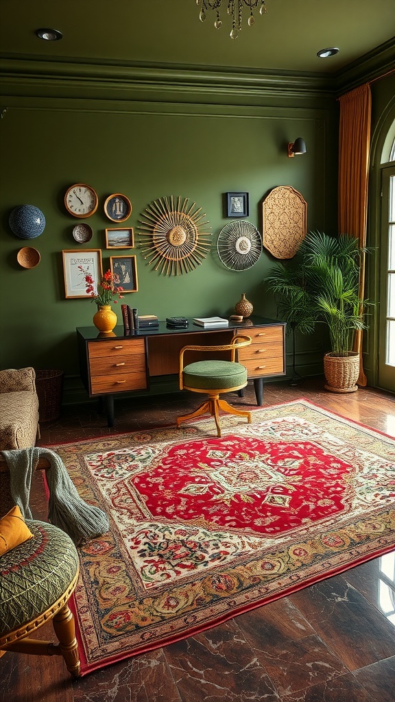 A cozy boho room with olive green walls, featuring a floating desk, plants, and a colorful rug.