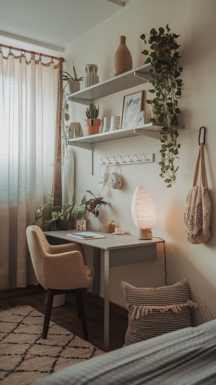 A cozy bedroom office setup featuring floating shelves decorated with plants and books