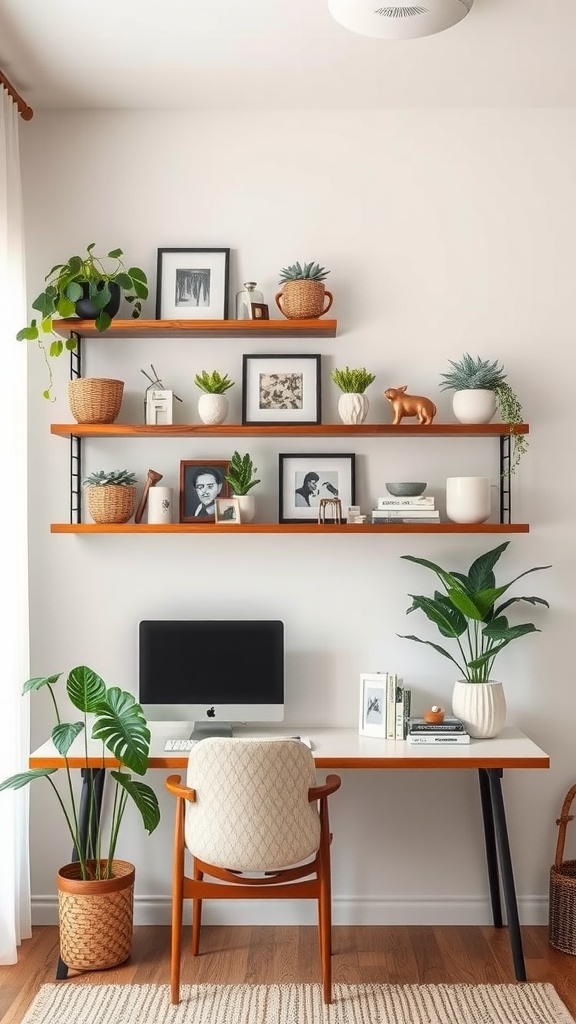 A minimalist home office featuring floating shelves with plants and decorative items.