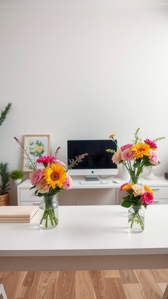 A bright home office desk with two floral arrangements, featuring colorful flowers in glass vases, and a computer in the background.