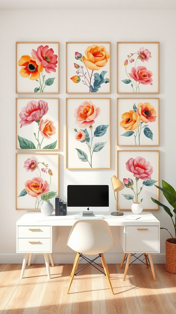 A bright and stylish home office featuring floral abstract artworks on the wall above a modern white desk.