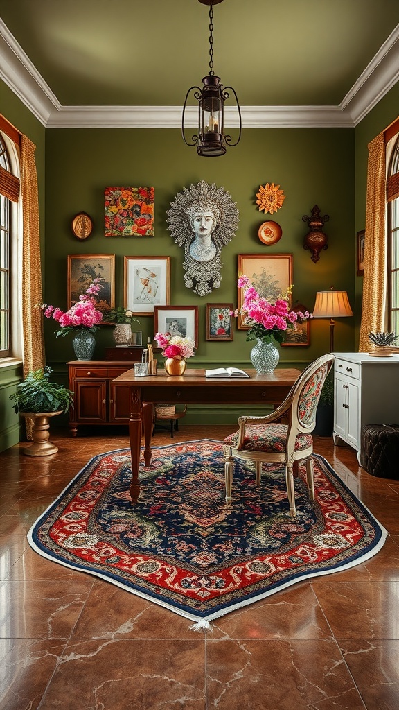A cozy home office with olive green walls, floral arrangements, and a warm wooden desk.