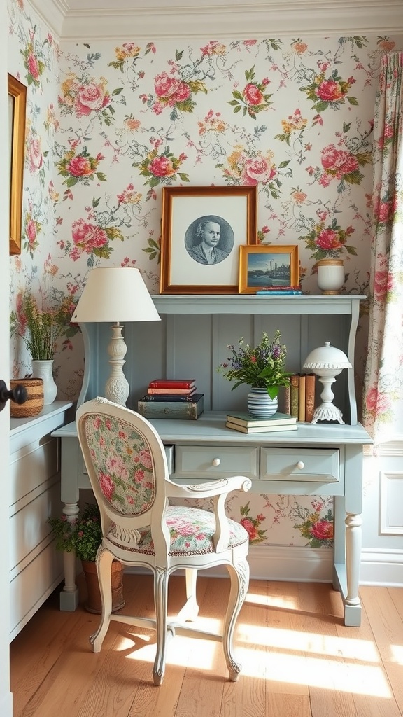 A cozy home office with floral wallpaper, a blue desk, and vintage decor.