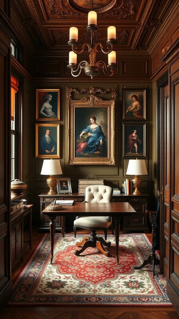 A luxurious Florentine-style home office with dark wood paneling, elegant portraits, and an ornate chandelier.