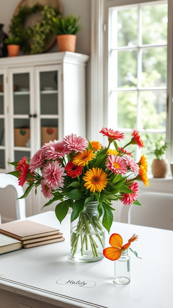 A cozy home office with fresh flowers and vintage decor