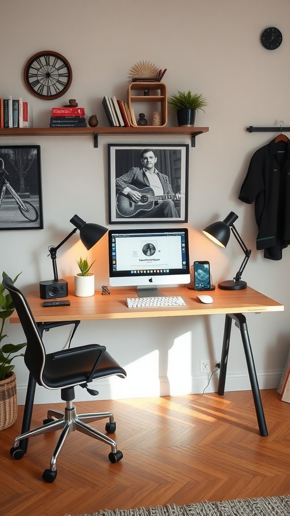 A well-organized home office featuring multiple monitors, stylish chair, and decorative shelves with plants and framed pictures.