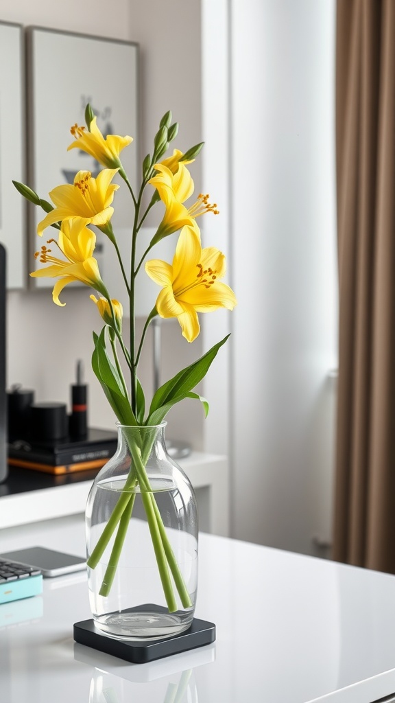 A vase of yellow freesias on a desk in a modern home office setting