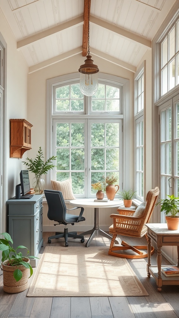 A cozy French Provencal sunroom with a desk, rocking chair, and plants, featuring large windows for natural light.