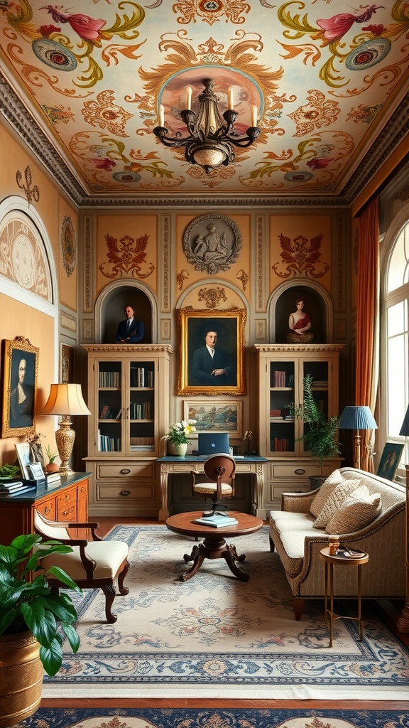 A home office featuring a frescoed ceiling with intricate designs, showcasing a blend of classical and modern Italian interior design elements.