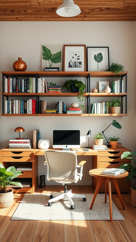 A cozy and organized home office with functional shelves, books, and plants, reflecting a spring aesthetic.