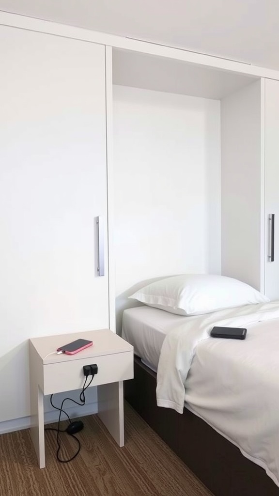 A modern bedside table next to a murphy bed with charging cables.