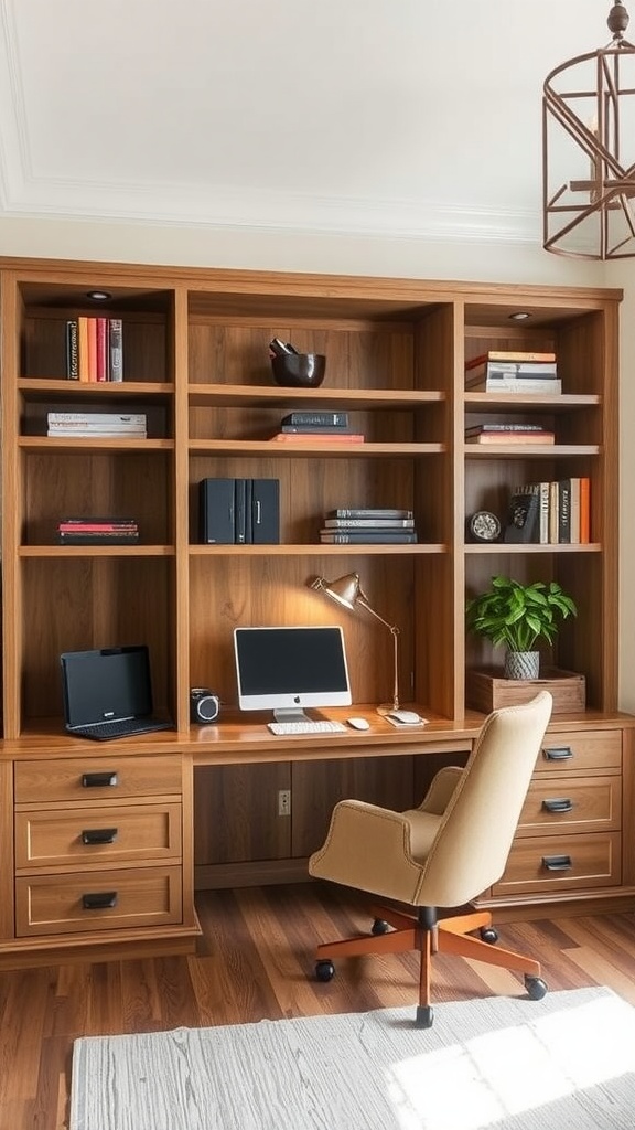 A modern masculine home office featuring built-in dark shelving, a desk, and a comfortable chair.