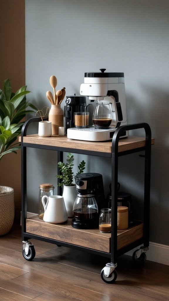 A functional coffee trolley with coffee essentials and a cozy aesthetic in a home office.