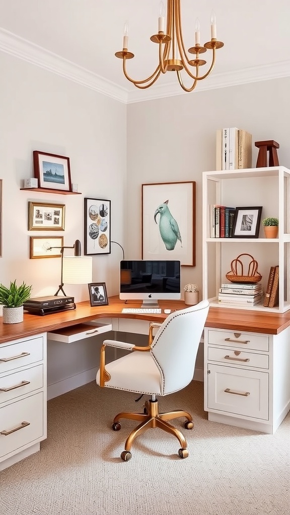 A stylish home office with wooden shelves, a cozy chair, and decorative plants