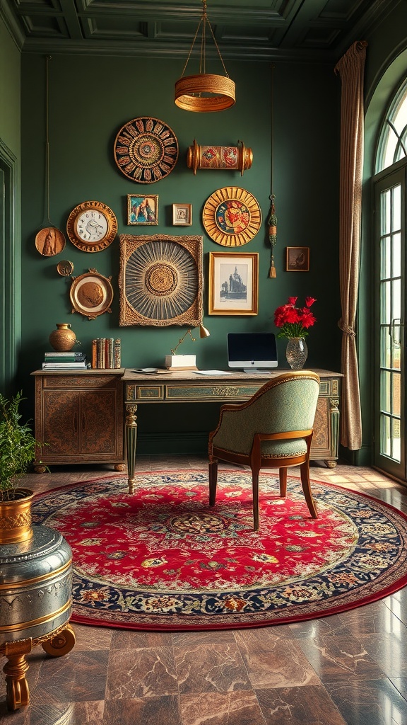 A cozy home office with olive green walls, vintage desk, and a colorful rug.