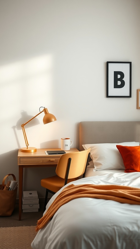 A cozy bedroom corner featuring a stylish desk lamp, wooden desk, and comfy chair, creating a functional workspace.