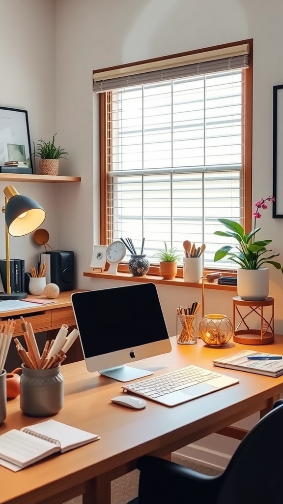 A modern home office with a clean desk, organized accessories, and natural light.