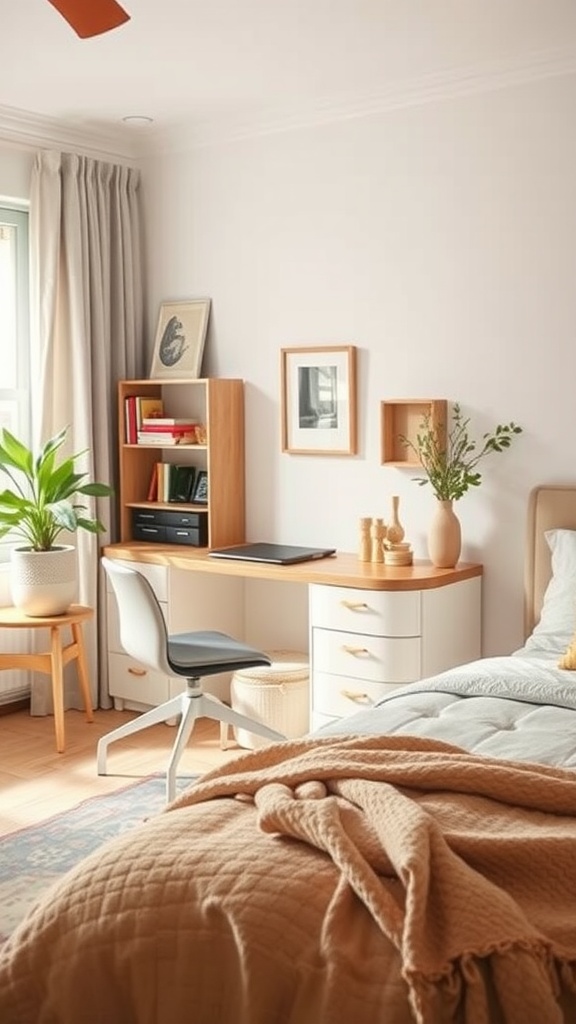 A cozy bedroom corner with a functional desk, modern design elements, and warm aesthetics