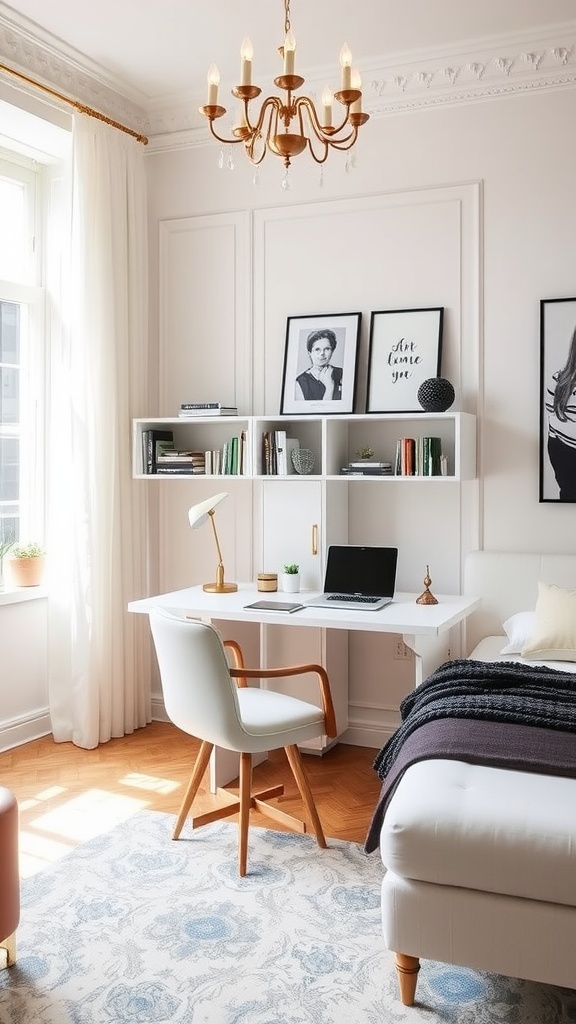 A stylish dual-use home office and bedroom setup featuring a desk, chair, and warm decor.