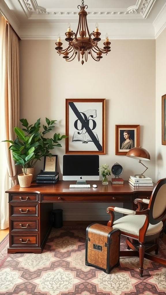 A stylish home office featuring a wooden desk, elegant chair, chandelier, and decorative elements.