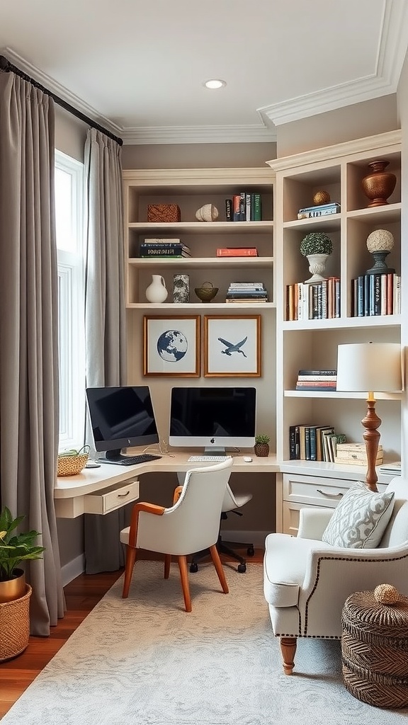 A stylish and functional home office with built-in shelves, a modern desk setup, and soft decor.