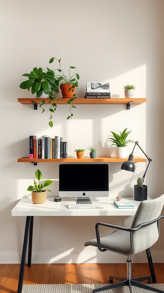 Floating shelves with plants and books in a minimalist office.