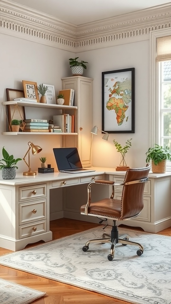 A stylish home office with Roman architectural influence, featuring elegant furnishings and decor.